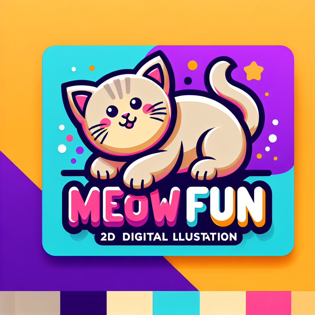 A 2D digital illustration logo for a brand named "Meow Fun". The logo features a playful, cute kitten in a different color than orange (for example, cream, gray, or light brown), styled to match the aesthetic of the attached banner. The background should be a bright purple or blue, and the text "Meow Fun" should be colorful and vibrant, using a font similar to the one in the banner. The design should be fun, youthful, and eye-catching, with smooth shapes and balanced composition.