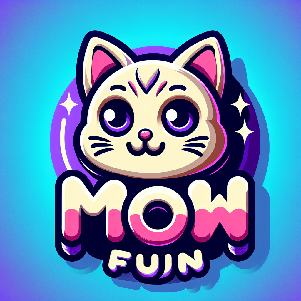 A 2D digital illustration logo for a brand named "Meow Fun". The logo features a playful, cute kitten in a different color than orange (for example, cream, gray, or light brown), styled to match the aesthetic of the attached banner. The background should be a bright purple or blue, and the text "Meow Fun" should be colorful and vibrant, using a font similar to the one in the banner. The design should be fun, youthful, and eye-catching, with smooth shapes and balanced composition.